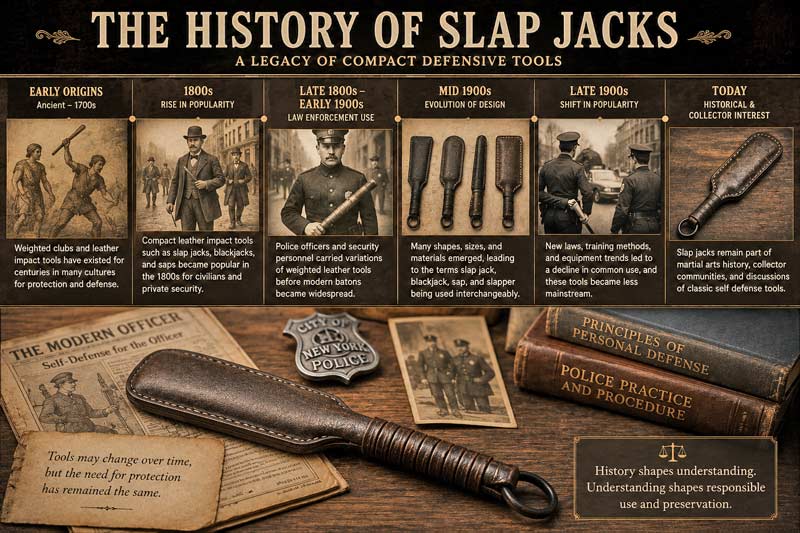 Vintage-style infographic timeline showing the history of slap jacks with historical images, leather impact tools, and early law enforcement references
