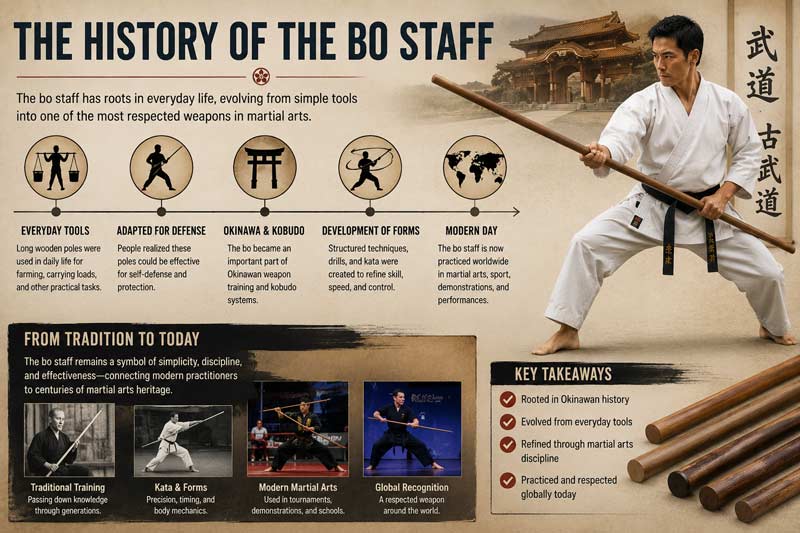 Infographic showing the history of the bo staff from everyday farming tool to traditional martial arts weapon and modern training staff