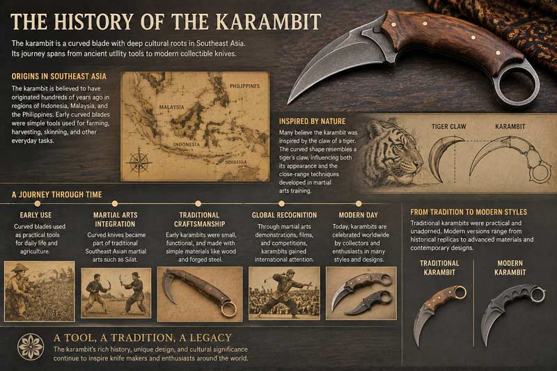Infographic showing the history of the karambit from Southeast Asian farming tool origins to modern martial arts and collector knife designs