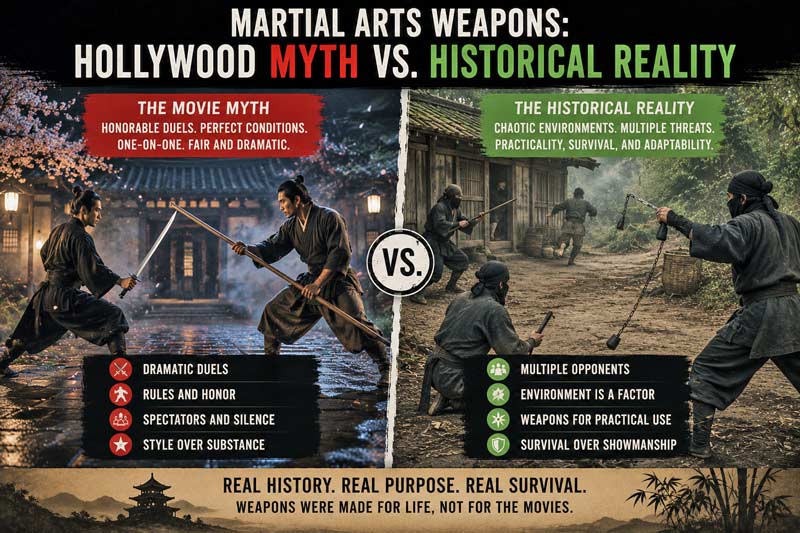 Myth vs reality infographic comparing dramatic Hollywood martial arts duels with the chaotic and practical realities of historical weapon use.