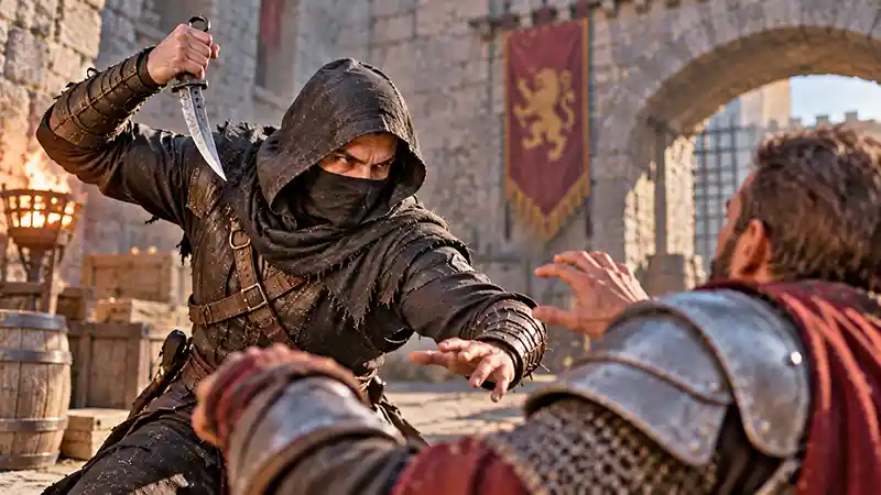 Hooded assassin wielding a reverse-grip knife against an armored opponent in a medieval courtyard.