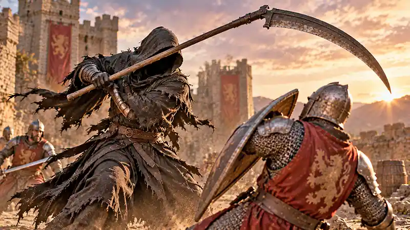 Hooded Grim Reaper wielding a massive scythe against an armored knight on a medieval battlefield.