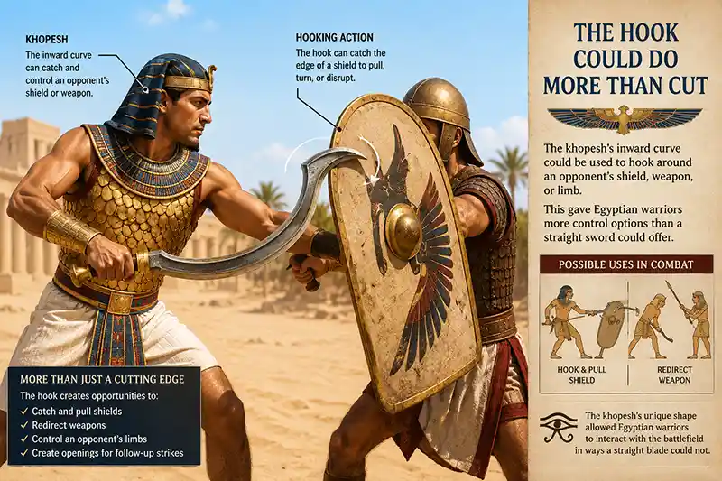 Khopesh hooking around an opponents shield in ancient Egyptian combat