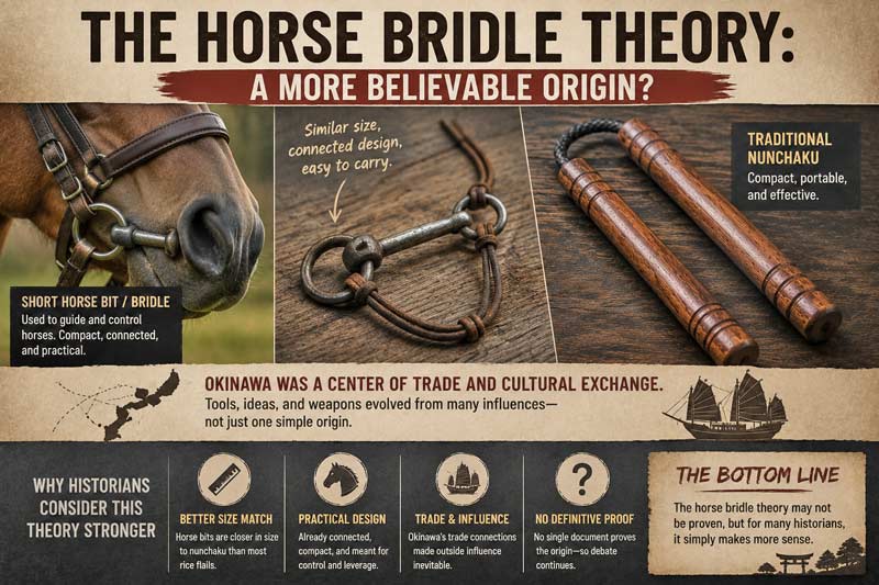 Horse bridle theory comparison showing horse tack, traditional wooden nunchaku, Okinawan trade influences, and the debate over whether bridles inspired nunchuck design