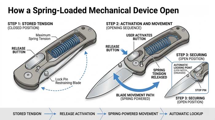 Infographic showing how a spring-loaded automatic knife mechanism opens using internal tension and a release button
