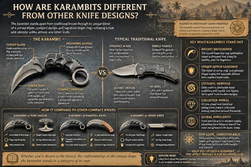 Karambit knife infographic comparing curved blade design, finger ring, and unique features against traditional knives