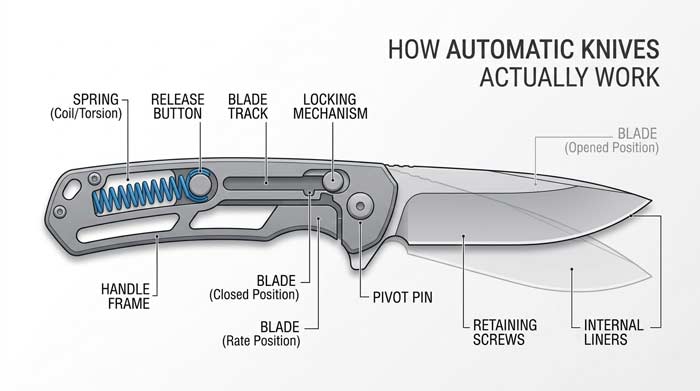 Infographic showing the internal parts of an automatic knife mechanism including the spring, release button, and locking system