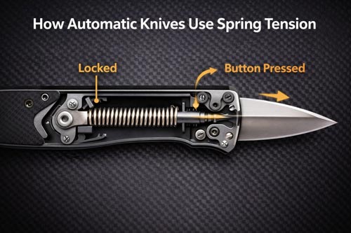 Spring tension in automatic knives