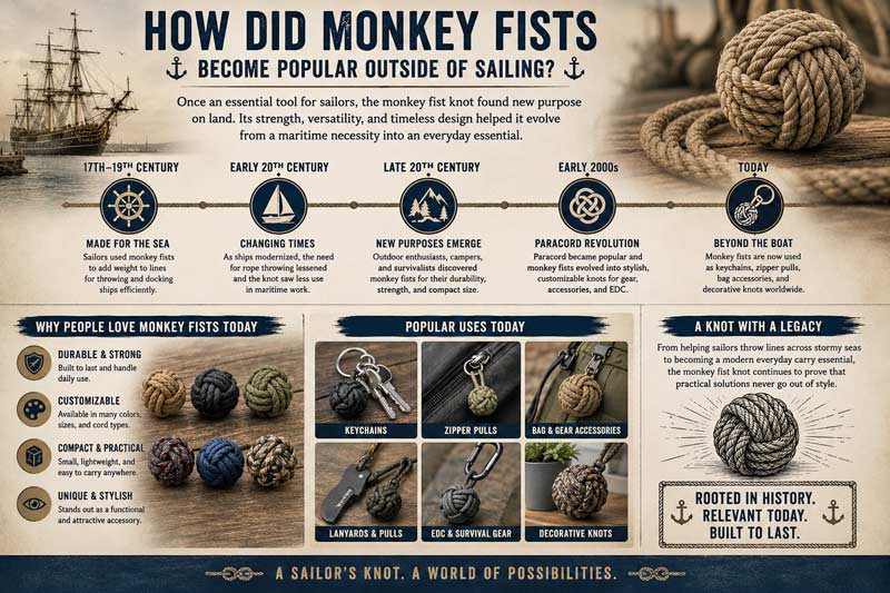 Infographic showing how monkey fist knots evolved from maritime sailing tools into modern keychains, outdoor gear, zipper pulls, and everyday carry accessories