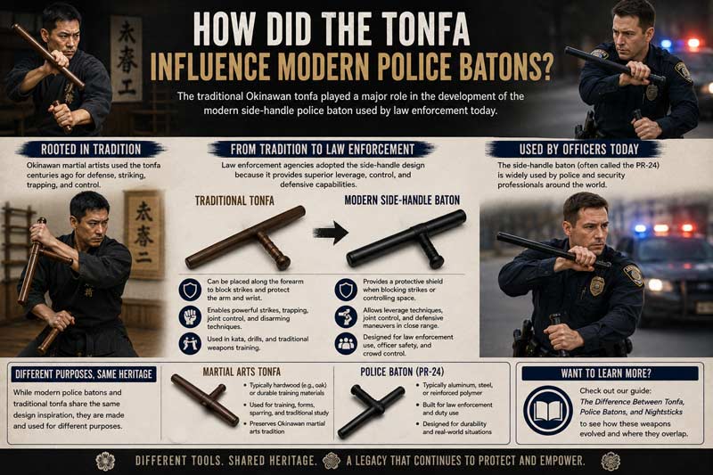 Traditional tonfa compared with modern police baton showing Okinawan martial arts and side-handle baton design