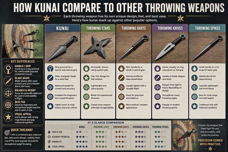 Infographic comparing kunai to throwing stars, darts, spikes, and other throwing knife styles used for recreational target practice