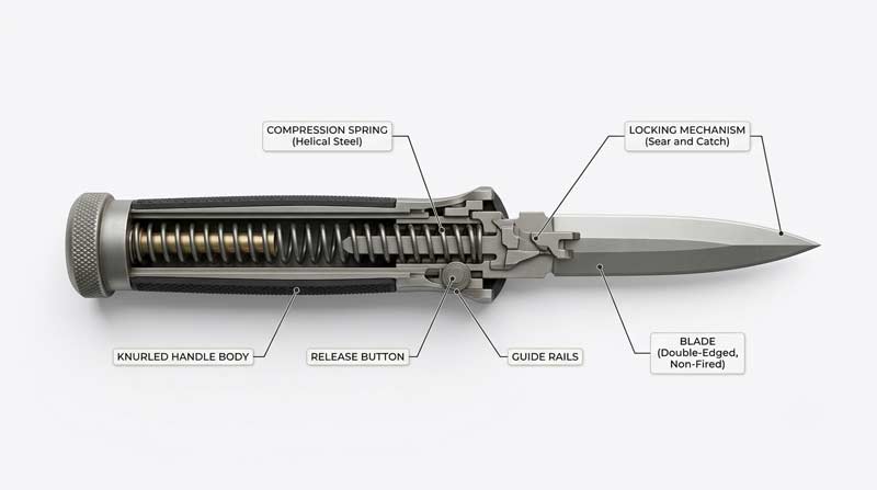 Cutaway diagram of a ballistic knife showing the internal spring mechanism and locking components.