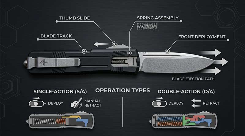 Infographic showing how an OTF knife works with labeled parts, deployment arrows, and single-action vs double-action comparison diagram