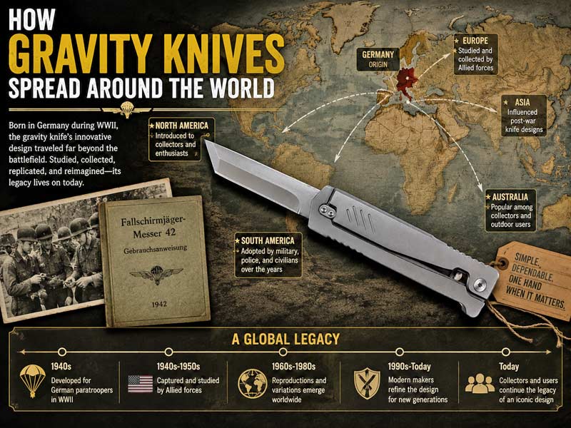 World map infographic showing how the gravity knife spread beyond WWII Germany.