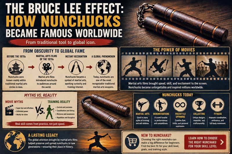 How nunchucks became famous worldwide showing martial arts film influence, generic martial artists using nunchaku, traditional wooden nunchucks, and the rise of nunchucks in martial arts and popular culture