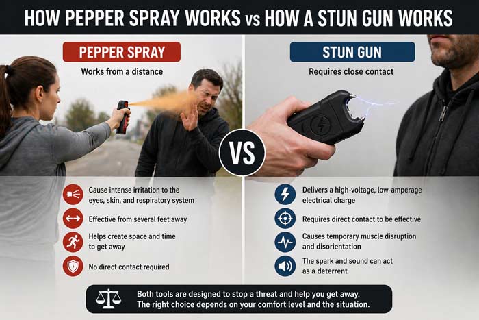 Infographic comparing pepper spray and stun gun, showing distance use versus close contact with key features side by side