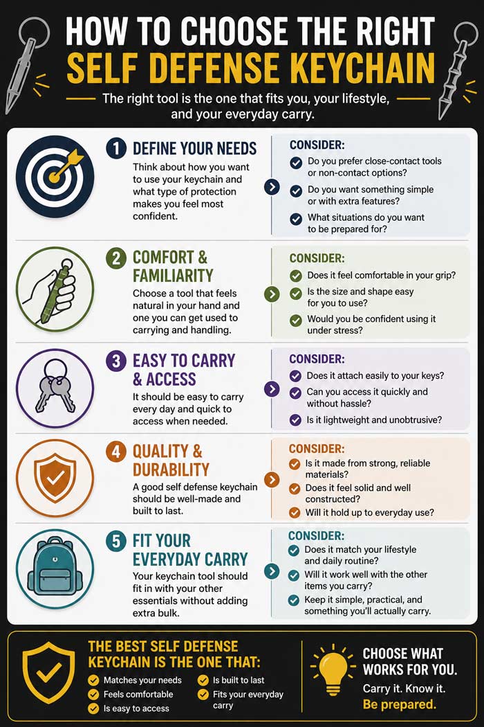 Infographic showing how to choose the right self defense keychain, highlighting factors like comfort, portability, durability, and ease of use