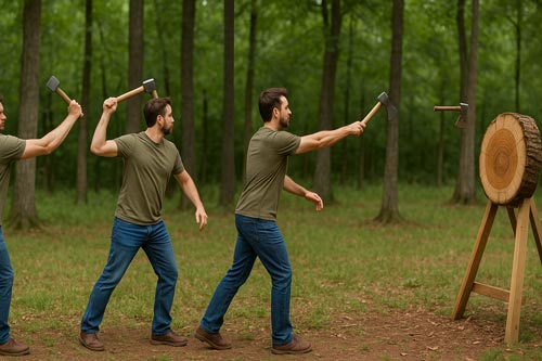 Man showing how to throw an axe.