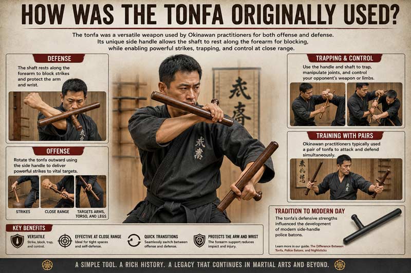 How the tonfa was originally used in Okinawan martial arts for blocking, striking, trapping, and defense