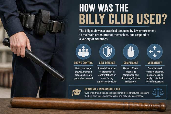 Infographic showing how a billy club was used for crowd control self defense compliance and maintaining distance
