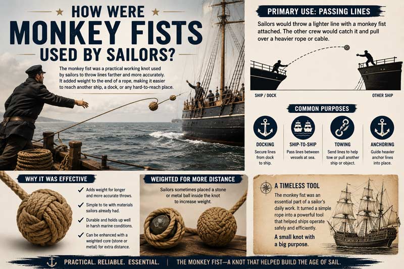 Infographic showing how sailors used monkey fist knots to throw ropes between ships, with nautical scenes, sailing vessels, and rope knot illustrations explaining traditional maritime uses
