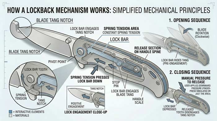 Infographic showing how a lockback mechanism works using labeled internal components and cutaway mechanical diagrams