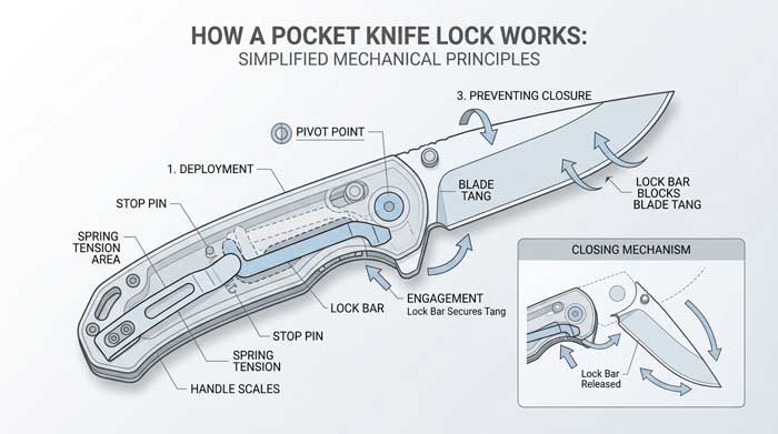 Infographic explaining how a pocket knife lock mechanism works using labeled internal components and mechanical diagrams