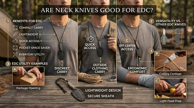 Infographic showing different ways to wear a neck knife, including under a shirt, outside clothing for hiking, and off-center positioning, with highlights for discreet carry, secure sheath, comfort, and quick access outdoors