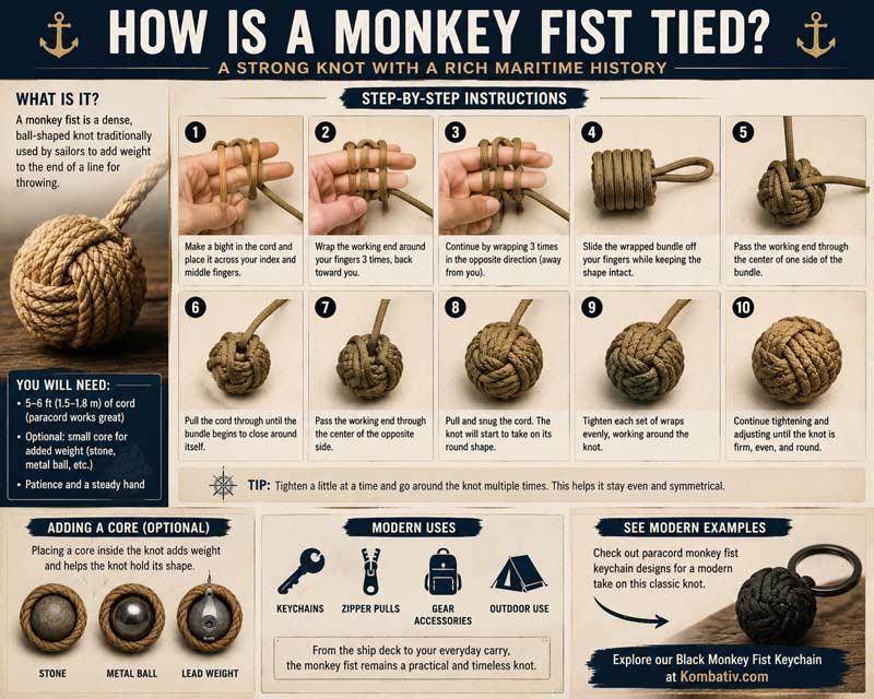 Infographic showing step-by-step instructions for tying a monkey fist knot with paracord, including rope wrapping stages, optional weighted cores, and modern keychain uses