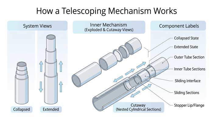 Infographic showing how a telescoping mechanism expands from collapsed to extended using sliding sections