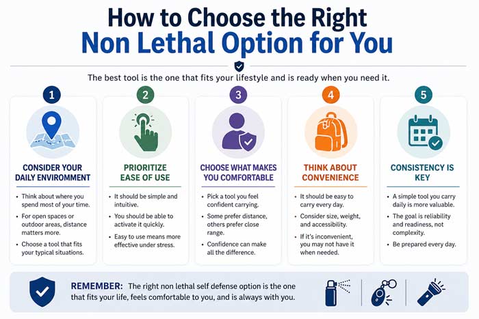 Infographic showing how to choose the right non lethal self defense tool based on environment, ease of use, comfort, and daily carry