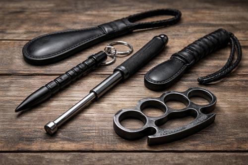 Self-defense tools on wooden surface