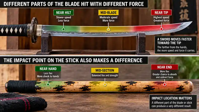 Sword and escrima stick diagram showing how different impact points affect force and flexibility