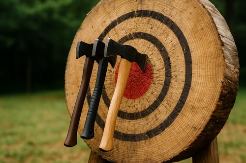 Three throwing axes stuck in a wooden target.