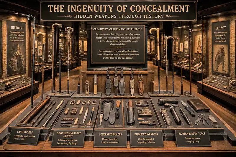 Museum exhibit showcasing ingenious hidden weapons from throughout history.
