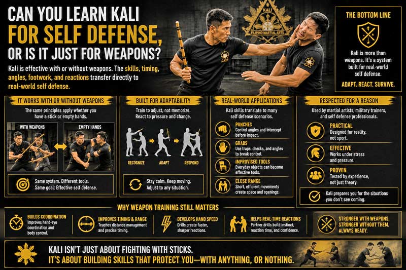 Kali self defense and weapons training infographic