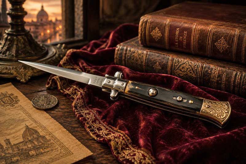 Antique stiletto knife on velvet with books