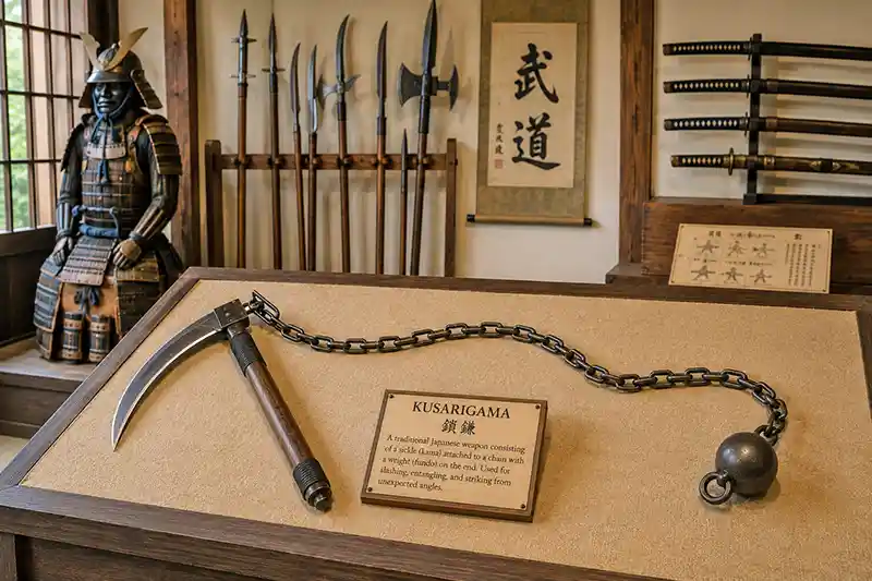 Kusarigama with attached chain and weighted end displayed in a Japanese armory