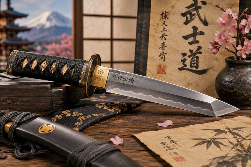 Traditional Japanese tanto knife displayed on dark wood with Japanese calligraphy and refined cultural atmosphere.