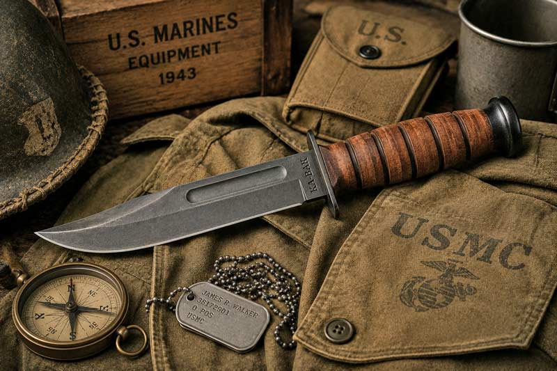 Classic Ka-Bar military knife displayed on WWII-style gear with compass, dog tags, and field jacket.