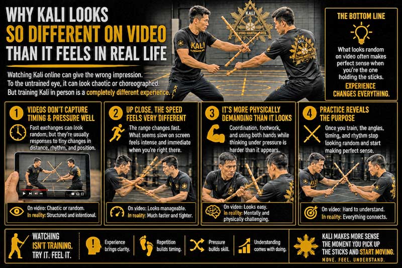 Kali martial arts video versus real life training infographic
