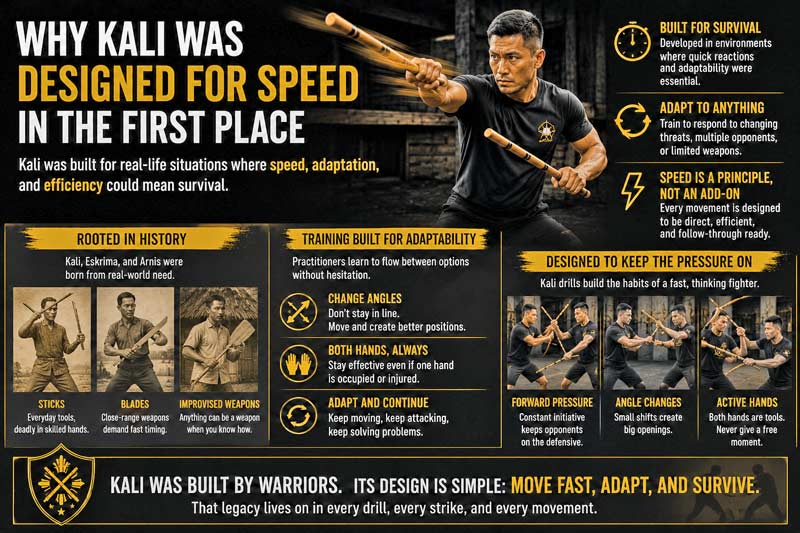 Kali martial arts history and speed training infographic