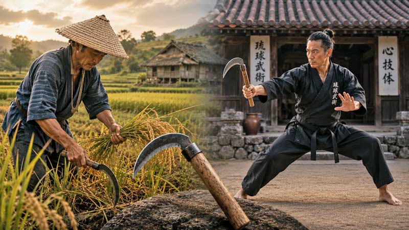 Farmer harvesting rice with a kama beside a martial artist demonstrating kama techniques