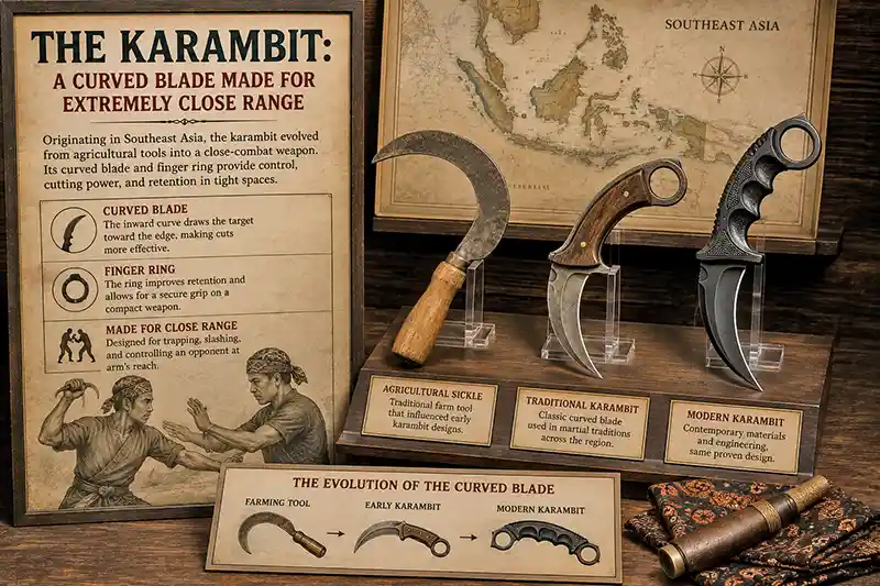 Traditional and modern karambit knives beside an agricultural sickle