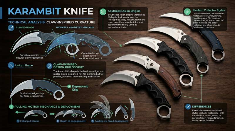 Infographic explaining the curved blade design of karambit knives with labeled hawkbill shapes, finger ring handles, and folding variations