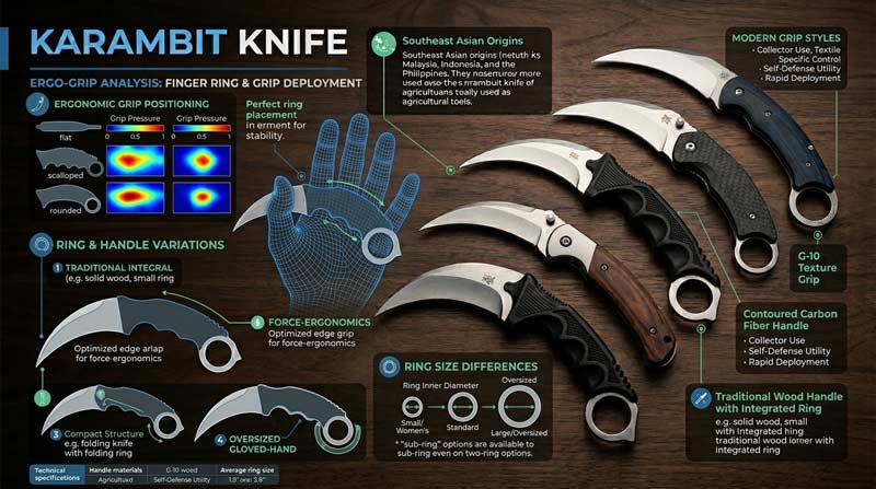 Infographic explaining karambit finger ring designs and ergonomic grip styles with labeled modern and traditional handle variations
