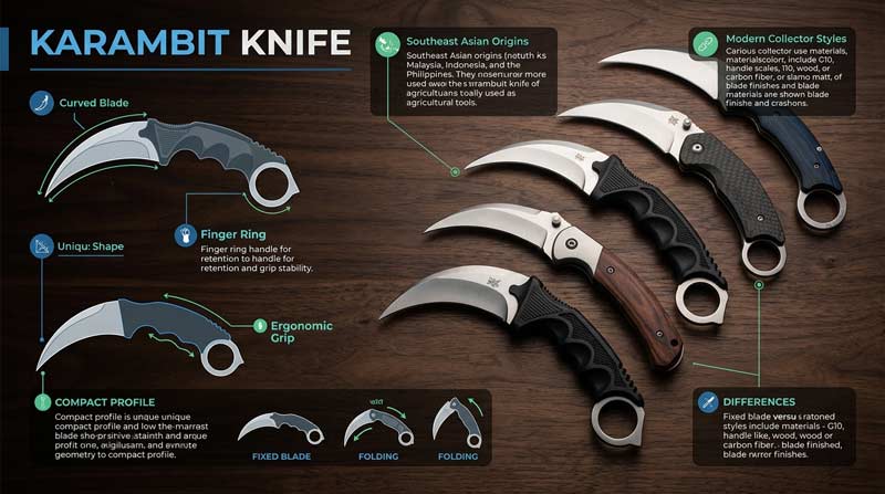 Infographic explaining karambit knife design with curved blade examples, finger ring handles, and modern specialty knife variations