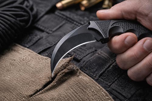 Karambit knife slicing through fabric
