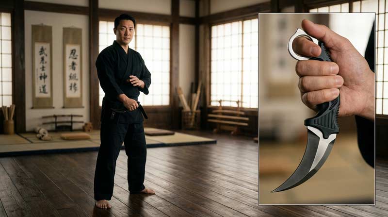 What a karambit knife is showing its curved blade, finger ring, and proper reverse grip in a martial arts training setting