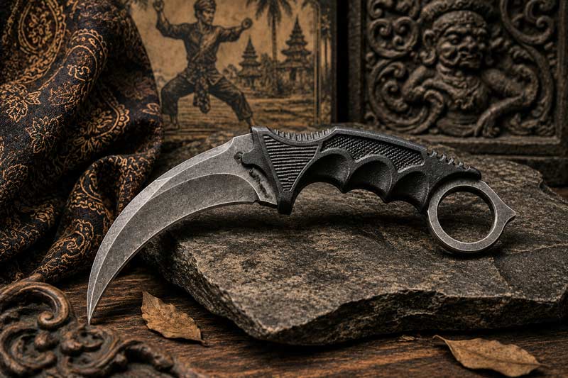 Curved karambit knife displayed on dark stone with Southeast Asian-inspired martial arts background.